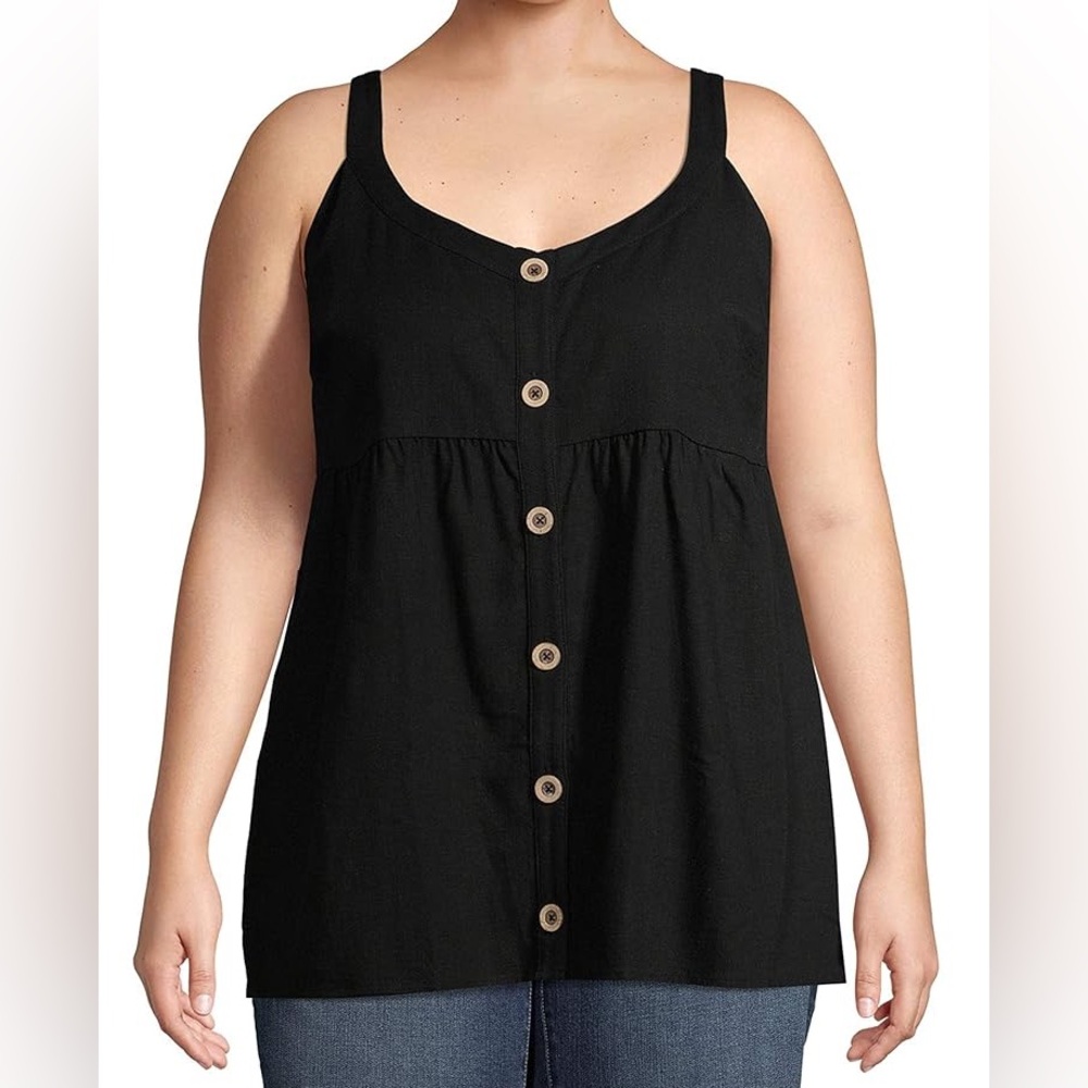 Terra & Sky black babydoll tank top button accent linen blend size 2X